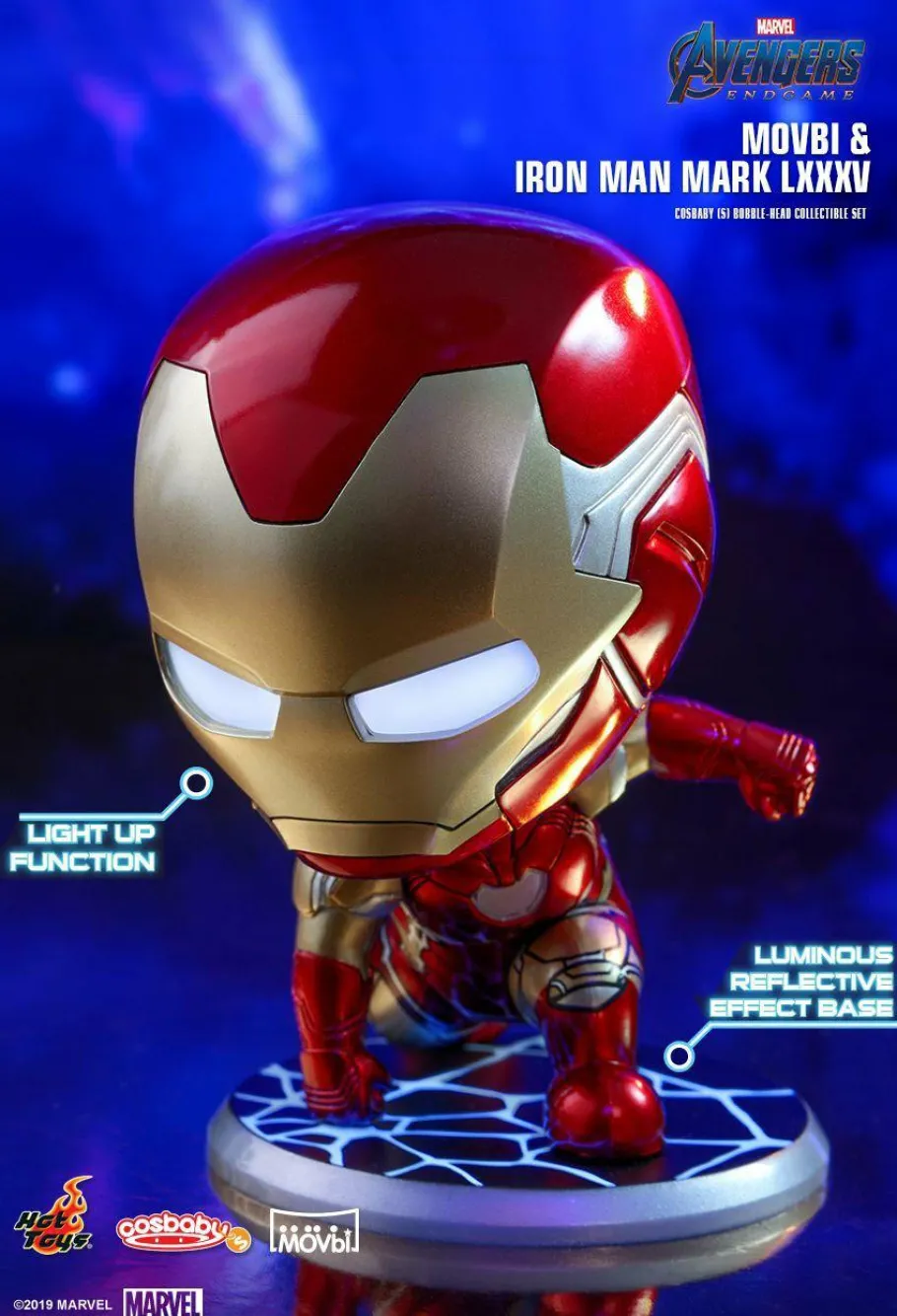 Cosbaby>The Avengers Avengers 4: Endgame - Iron Man Chrome Mask Light-Up & Movbi Cosbaby 3.75” Hot Toys Bobble-Head Figure 2-Pack **Non-Mint Packaging**