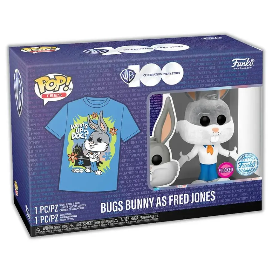 Pop! & Tee Sets>Scooby Doo Looney Tunes x Scooby-Doo - Bugs Bunny as Fred Jones Warner Bros. 100th Anniversary Flocked Pop! Vinyl Figure & T-Shirt Box Set